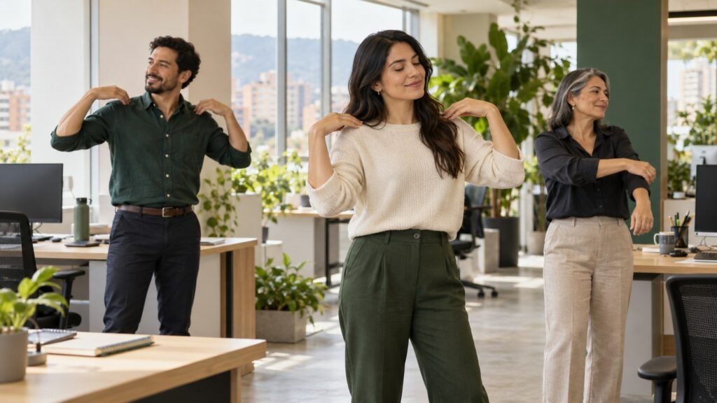 Equipo de oficina realizando una pausa de movimiento junto a sus escritorios