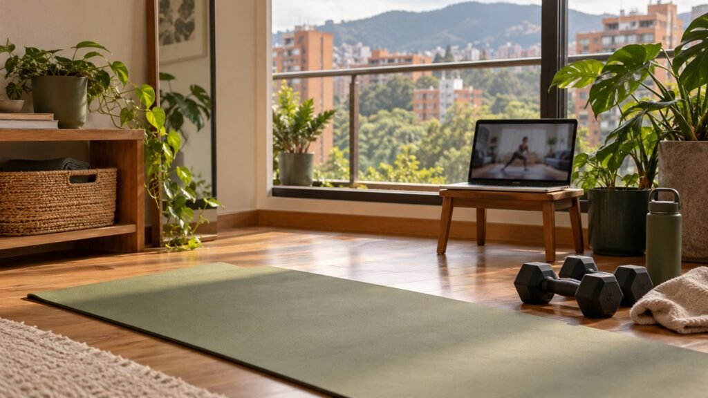 Espacio de entrenamiento en casa con colchoneta, mancuernas y portátil; imagen ilustrativa generada con IA.