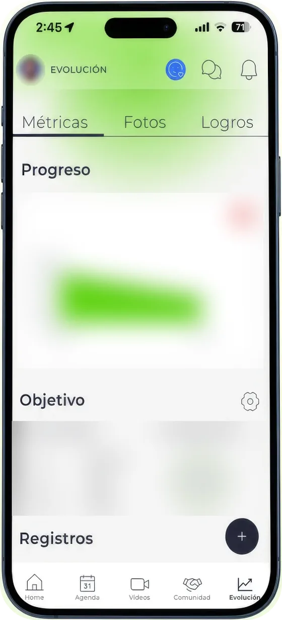 Club Fito Fitness App: Evolución con datos difuminados