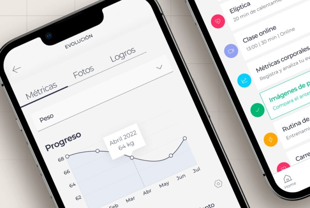 Pantallas de progreso y agenda de entrenamiento en Club Fito Fitness App