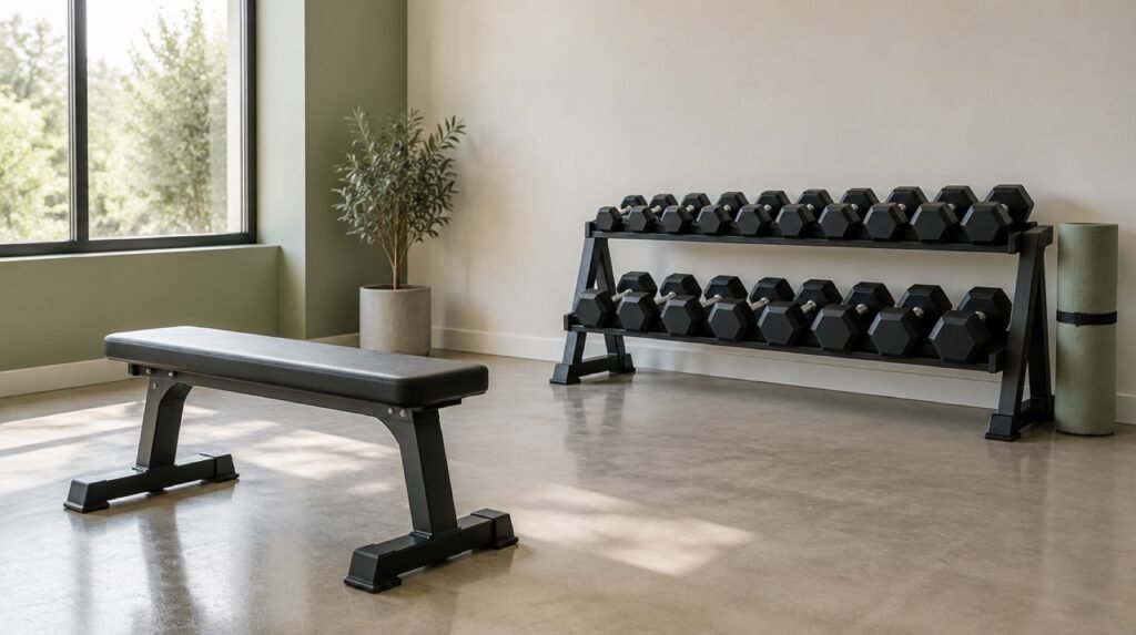 Gimnasio sobrio y luminoso con un banco plano, un rack de mancuernas hexagonales y una colchoneta enrollada