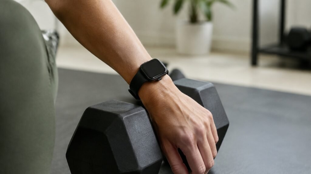 Muñeca con un reloj deportivo sencillo apoyada sobre una mancuerna hexagonal en un gimnasio