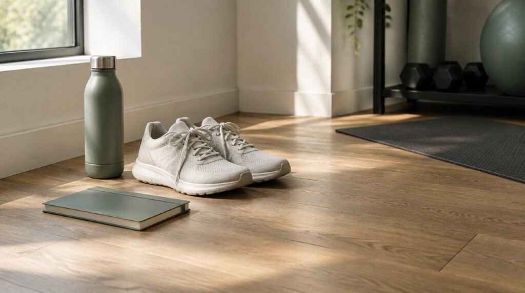Zapatillas deportivas claras, botella verde salvia y libreta cerrada sobre piso de madera junto a una ventana
