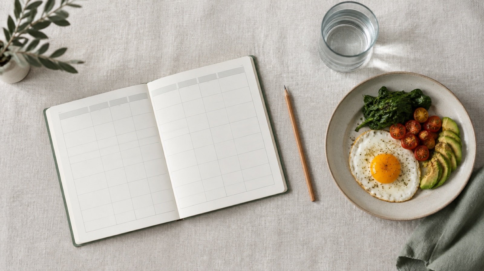Agenda semanal abierta con lápiz, plato con huevo y verduras y vaso de agua sobre mantel de lino