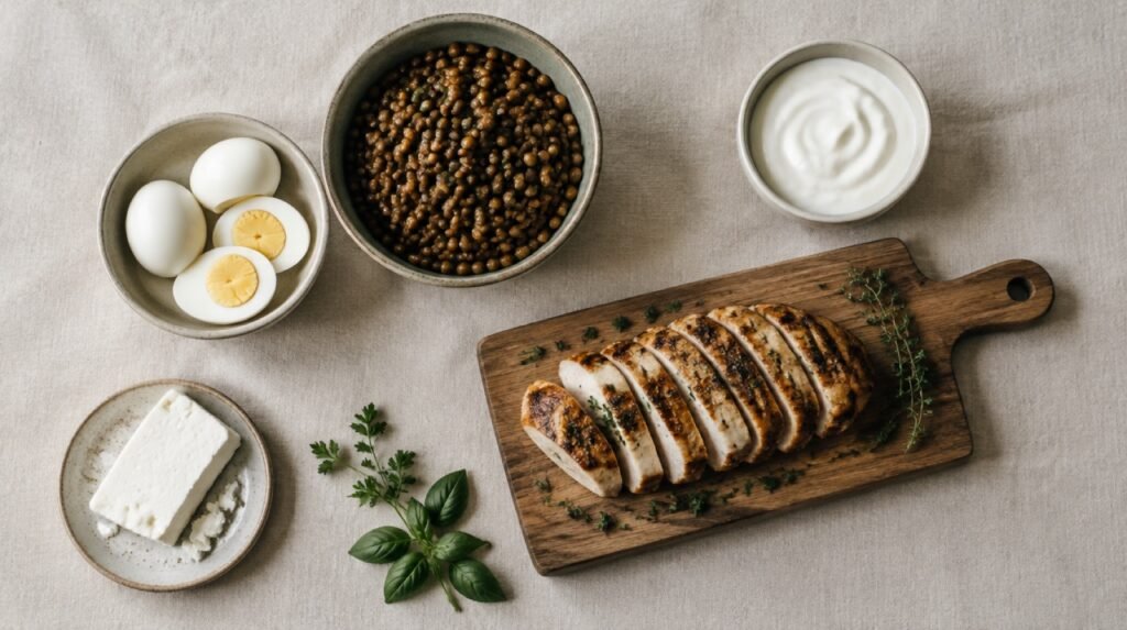 Huevos, lentejas, pollo a la plancha, yogur y queso fresco sobre una mesa de lino claro