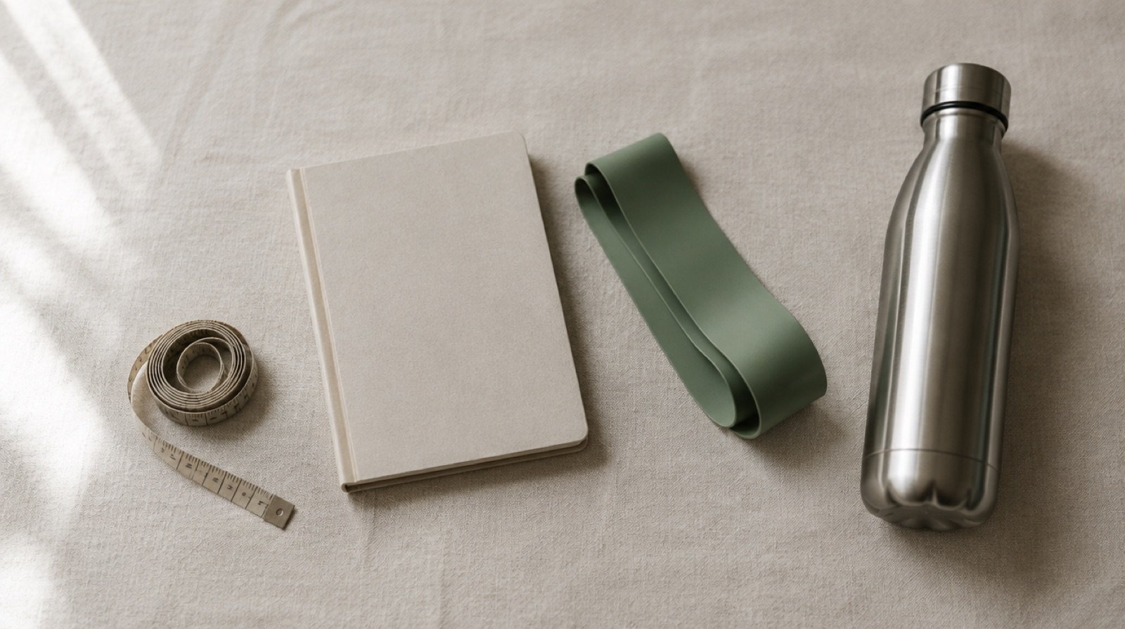 Cinta métrica, libreta, banda elástica verde y botella de agua sobre una superficie de lino claro