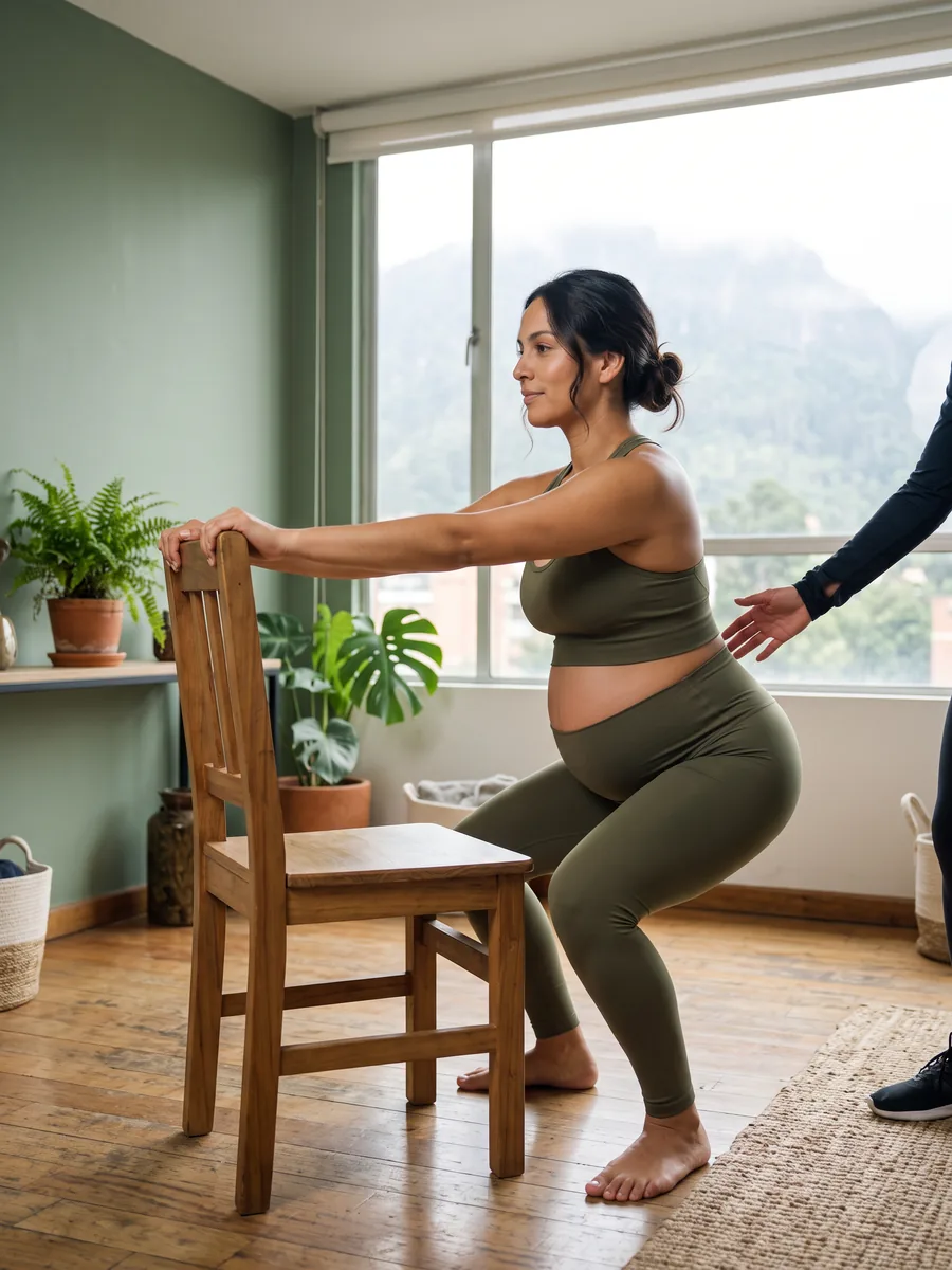 La misma mujer gestante entrenando en su casa con un entrenador, imagen ilustrativa.