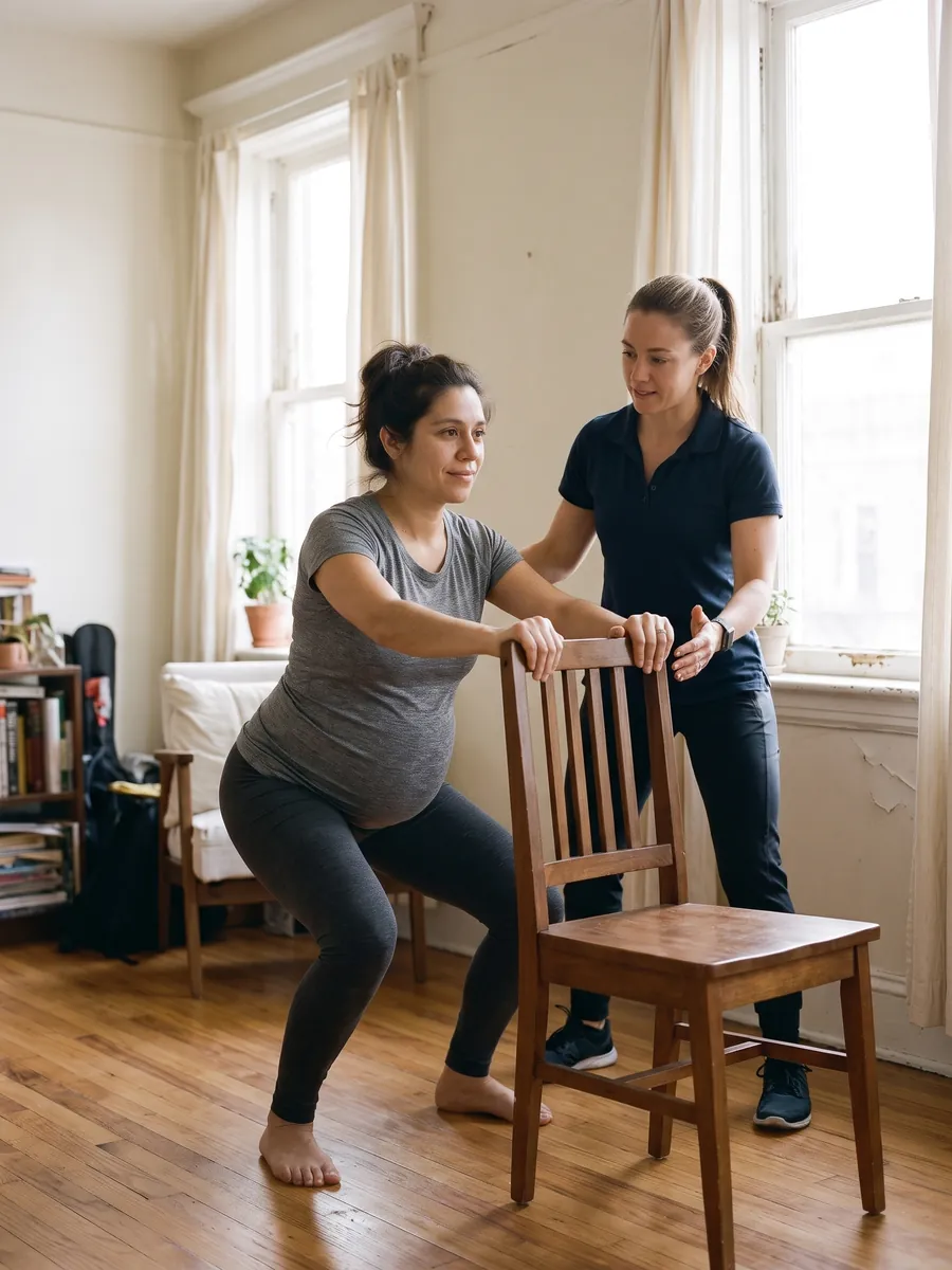 La misma mujer gestante entrenando en su casa con un entrenador, imagen ilustrativa.